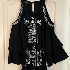 INC International Concepts Black Floral Embroidered Blouse
